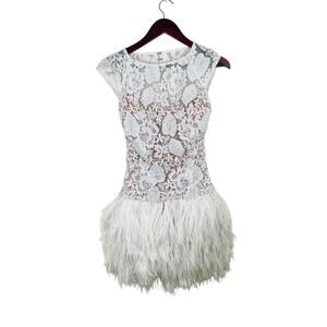 Jovani White Lace and Feather Mini Dress